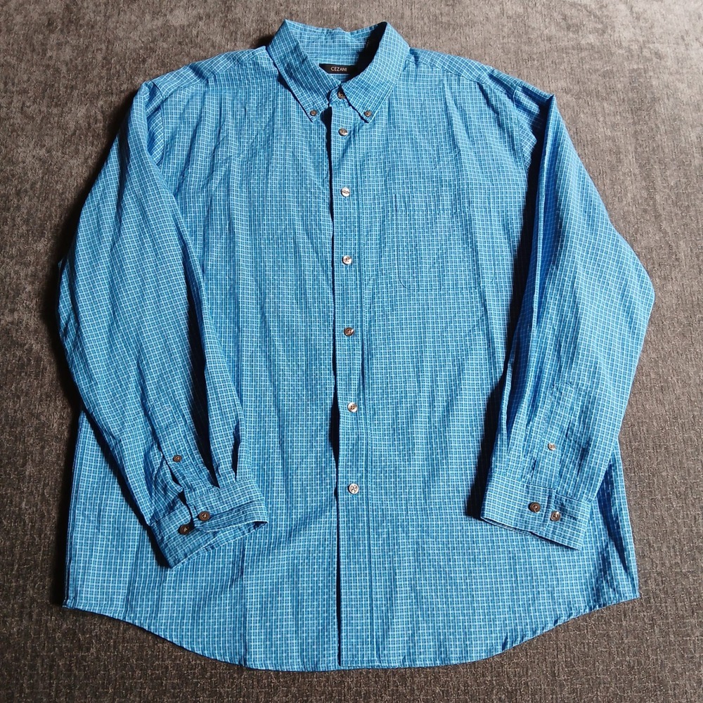 Cezani Mens XL Blue And White Micro Check Button Down Shirt Long Sleeve Pocket